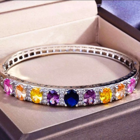 Sterling Silver Multicolor Cubic Zirconia Bangle Bracelet - Picture 2 of 5